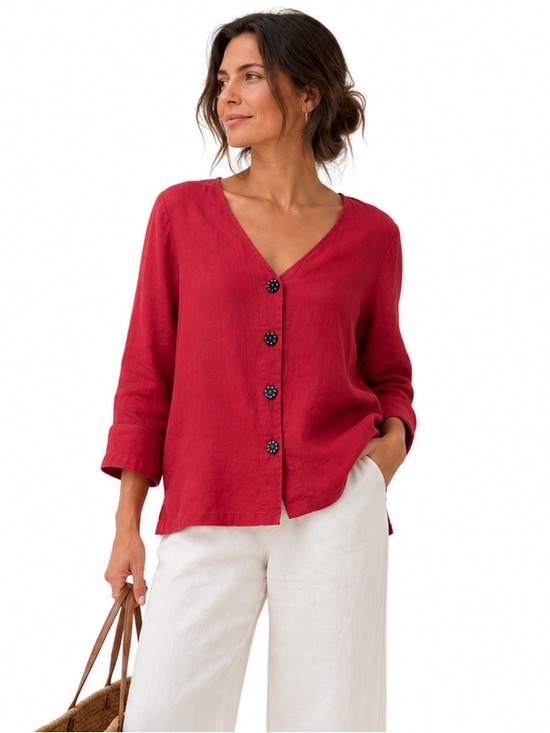Neiman Marcus Tops - NEIMAN MARCUS 100% Linen Button Front Blouse Size Medium Red V-Neck Long Sleeve